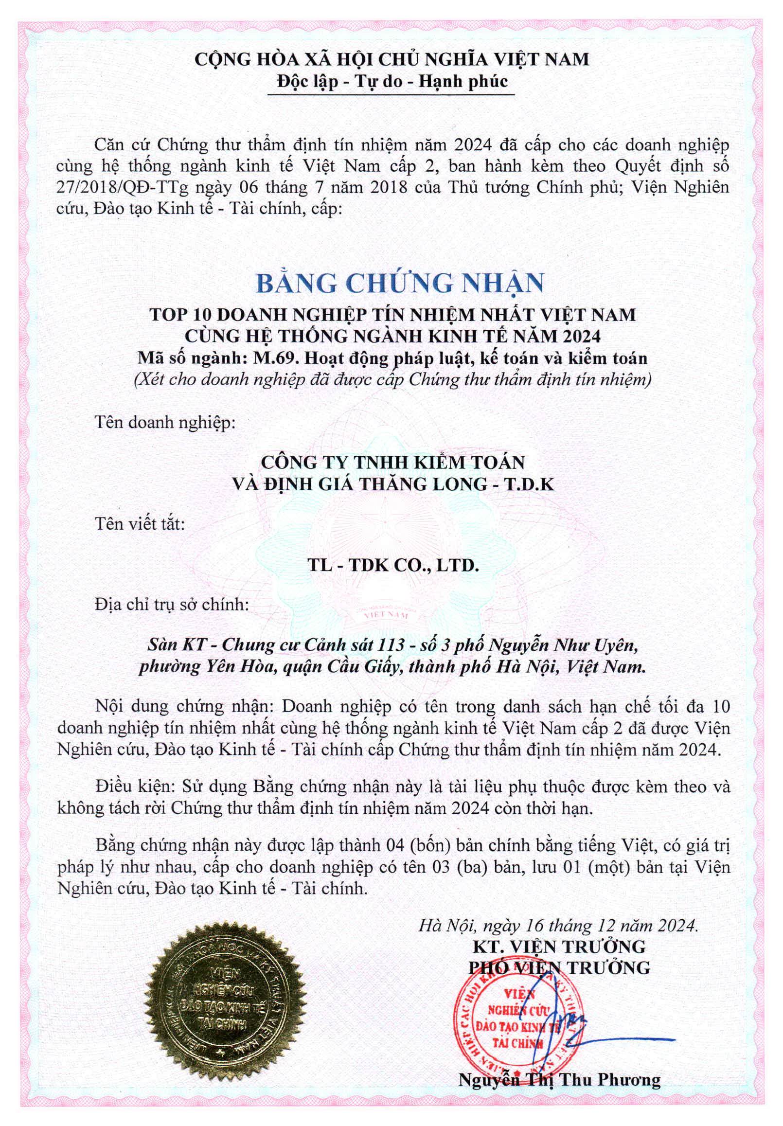 Thăng Long - T.D.K thuộc top 10 Doanh nghiệp tín nhiệm nhất Việt Nam