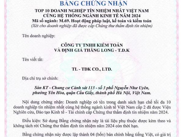 Thăng Long - T.D.K thuộc top 10 Doanh nghiệp tín nhiệm nhất Việt Nam