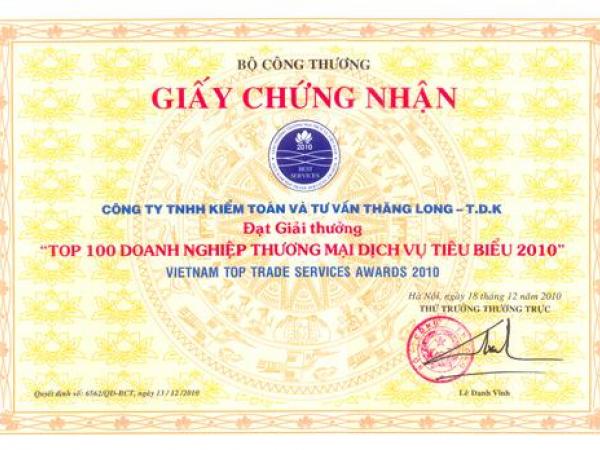 CÔNG TY TNHH KIỂM TOÁN VÀ TƯ VẤN THĂNG LONG – T.D.K ĐẠT GIẢI THƯỞNG “THƯƠNG MẠI DỊCH VỤ VIỆT NAM – VIETNAM TOP TRADE SERVICES AWARDS 2010”